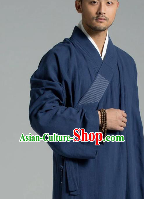 Traditional Chinese Monk Costume Buddhists Navy Linen Long Robe for Men