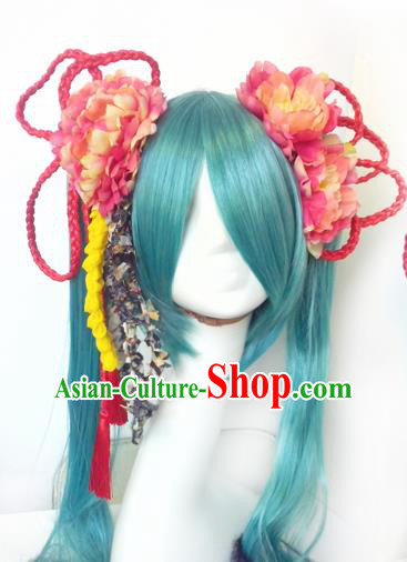 Top Grade Cosplay Fairy Swordsman Blue Wigs and Headwear for Women