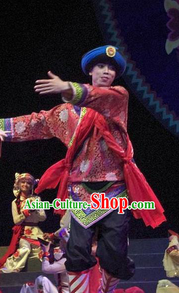 Phoenix Flying Qiang Dance Traditional Chinese Qiang Ethnic Minority Dance Wedding Red Costumes and Headwear for Men
