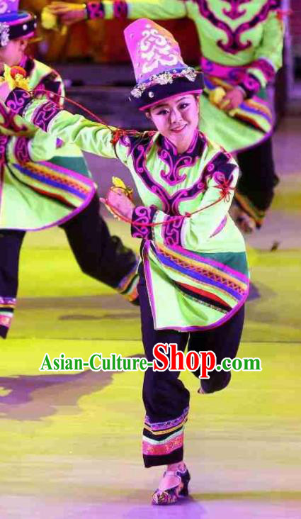 Phoenix Flying Qiang Dance Traditional Chinese Qiang Nationality Dance Green Dress and Headwear for Women