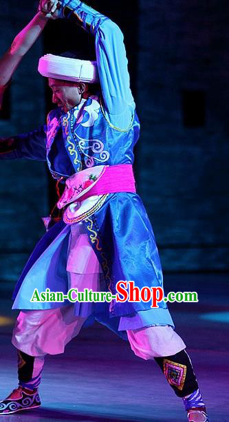 Phoenix Flying Qiang Dance Traditional Chinese Qiang Ethnic Minority Folk Dance Blue Costumes and Headwear for Men