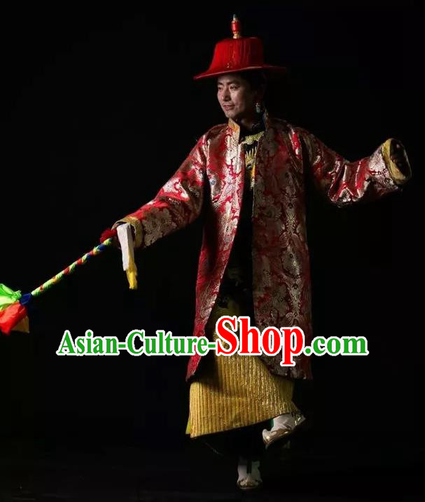 Lang SaWenBo Traditional Chinese Zang Nationality Stage Performance Red Costumes and Headwear for Men