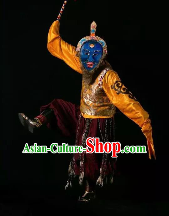 Lang SaWenBo Traditional Chinese Zang Nationality Shaman Stage Performance Golden Costumes and Headwear for Men