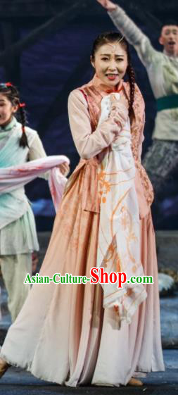 Flowers and Trumpeter Traditional Chinese Hui Nationality Dress Stage Show Costume and Headwear for Women