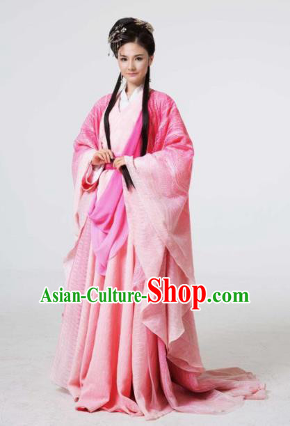 The Book of Songs Cai Wei Traditional Chinese Classical Dance Princess Pink Dress Stage Show Costume and Headdress for Women