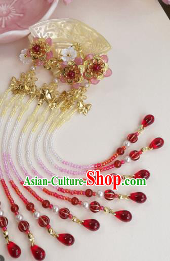 Traditional Chinese Classical Red Beads Tassel Hair Claw Hairpins Ancient Hanfu Hair Accessories for Women