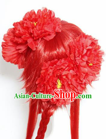 Traditional Japanese Cosplay Geisha Red Wigs and Red Peony Hair Accessories for Women