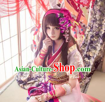 Top Grade Cosplay Geisha Printing Peony Pink Dress Ancient Heroine Costume for Women
