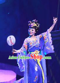 Chinese Drama Dragon Boat Festival Classical Dance Royalblue Dress Stage Performance Costume and Headpiece for Women
