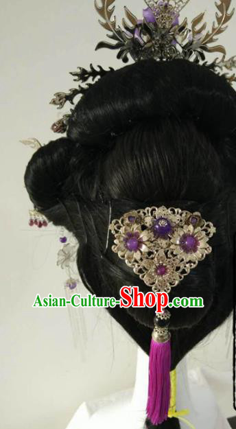 Traditional Chinese Classical Hairpins Purple Peony Phoenix Hair Crown Ancient Princess Hanfu Hair Accessories for Women