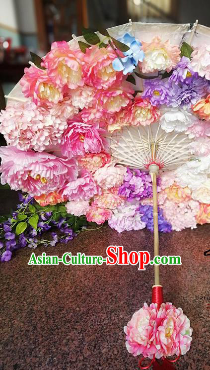 Traditional Chinese Hanfu Pink Peony Umbrella Ancient Princess Umbrellas for Women