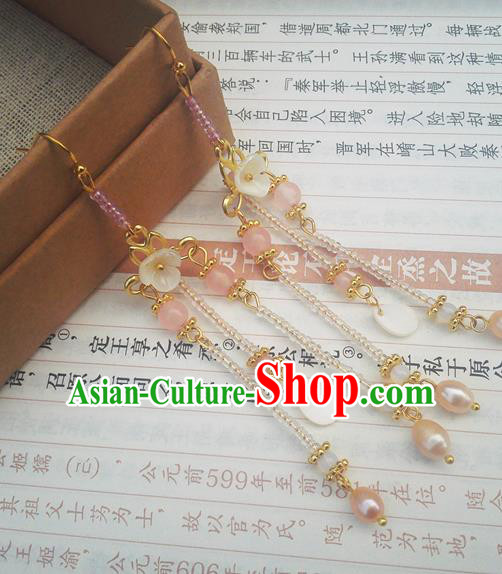 Traditional Chinese Hanfu Pink Beads Tassel Earrings Classical Ear Accessories for Women