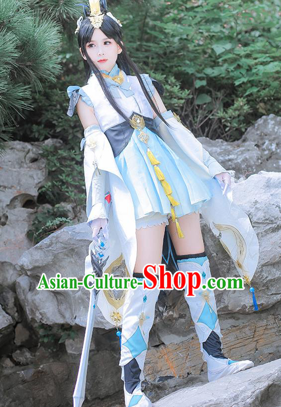 Traditional Chinese Cosplay Swordswoman Blue Short Dress Ancient Princess Heroine Costume for Women