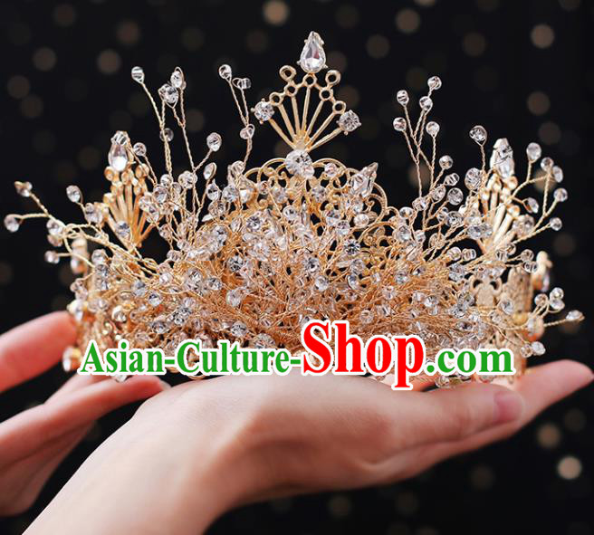 Top Grade Bride Beads Golden Royal Crown Handmade Wedding Hair Accessories for Women