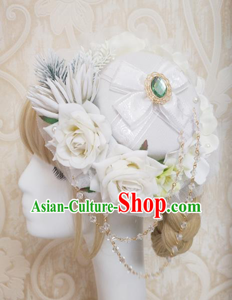 Top Grade Baroque Bride White Roses Top Hat Handmade Wedding Hair Accessories for Women