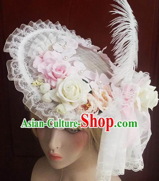 Top Grade Baroque Bride White Feather Lace Top Hat Handmade Wedding Hair Accessories for Women