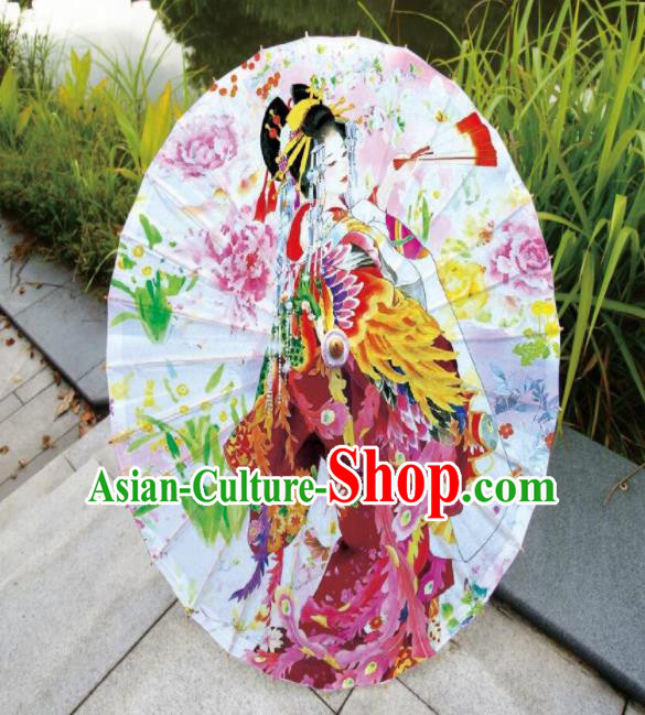 Japanese Handmade Printing Beauty Peony White Oil Paper Umbrella Traditional Umbrellas