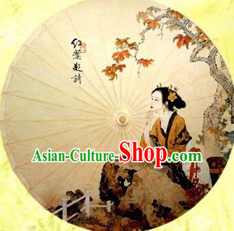 Chinese Handmade Printing Ancient Beauty Maple Leaf Oil Paper Umbrella Traditional Decoration Umbrellas