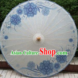 Chinese Classical Dance Handmade Printing Blue Flowers Paper Umbrella Traditional Decoration Umbrellas