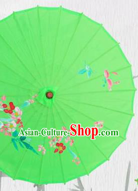 Handmade Chinese Printing Flowers Butterfly Green Silk Umbrella Traditional Classical Dance Decoration Umbrellas
