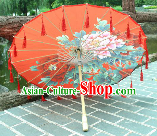 Handmade Chinese Printing Peony Red Tassel Silk Umbrella Traditional Classical Dance Decoration Umbrellas