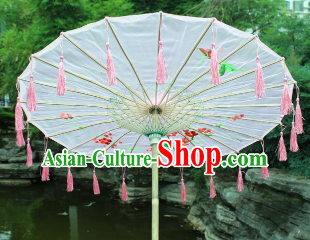 Handmade Chinese Printing Flowers Pink Tassel Silk Umbrella Traditional Classical Dance Decoration Umbrellas