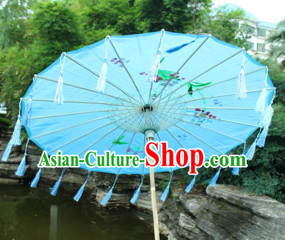 Handmade Chinese Printing Flowers Blue Tassel Silk Umbrella Traditional Classical Dance Decoration Umbrellas
