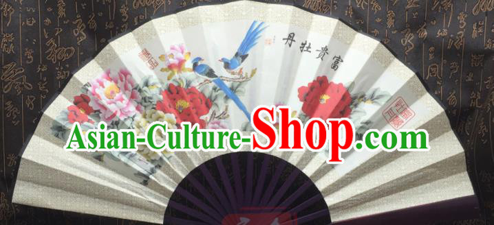 Chinese Handmade Painting Peony Flowers Silk Fans Traditional Decoration Folding Fan