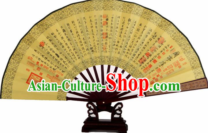 Chinese Handmade Painting Calligraphy Lan Ting Preface Yellow Fans Accordion Fan Traditional Decoration Folding Fan