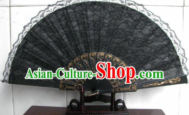 Chinese Handmade Black Lace Fans Accordion Fan Traditional Decoration Folding Fan