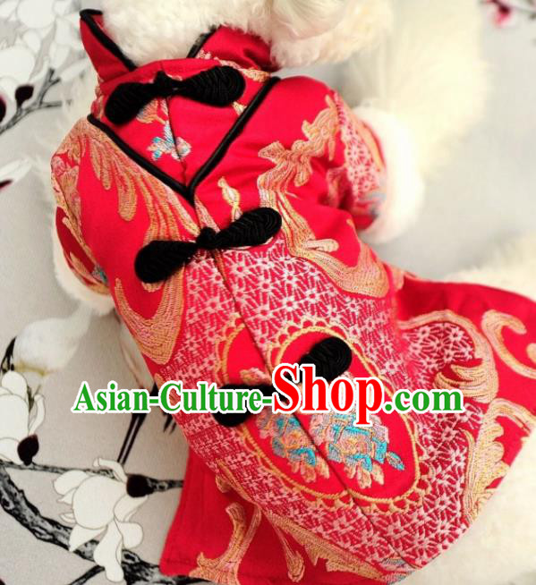 Traditional Asian Chinese Pets Clothing Winter Dog Red Brocade Costumes for New Year