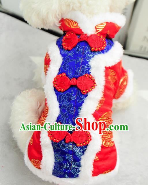 Traditional Asian Chinese Pets Clothing Dog Winter Brushed Royalblue Costumes for New Year