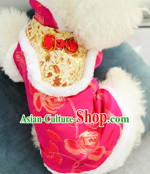 Traditional Asian Chinese Pets Clothing Dog Winter Brushed Printing Rose Rosy Costumes for New Year