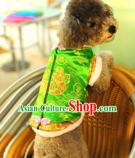 Traditional Asian Chinese Pets Clothing Dog Winter Green Brocade Costumes for New Year