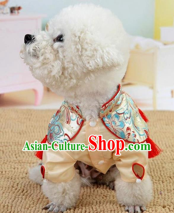 Traditional Asian Chinese Pets Winter Clothing Dog Beige Satin Costumes for New Year Spring Festival