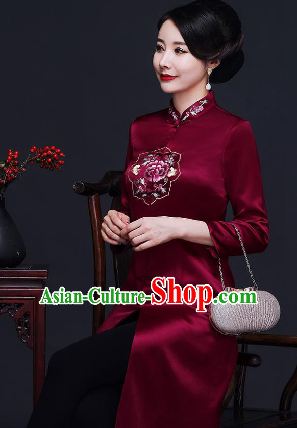 Traditional Chinese Purplish Red Silk Cheongsam Coat Mother Tang Suit Stand Collar Overcoat for Women