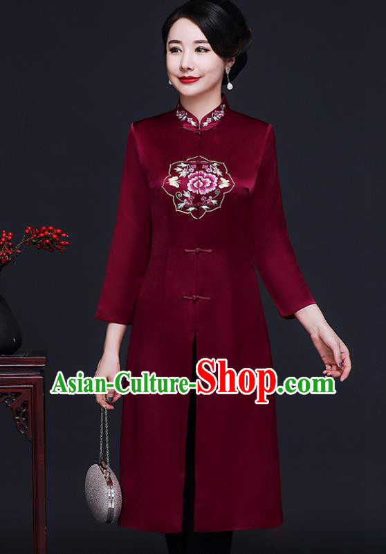Traditional Chinese Purplish Red Silk Cheongsam Coat Mother Tang Suit Stand Collar Overcoat for Women
