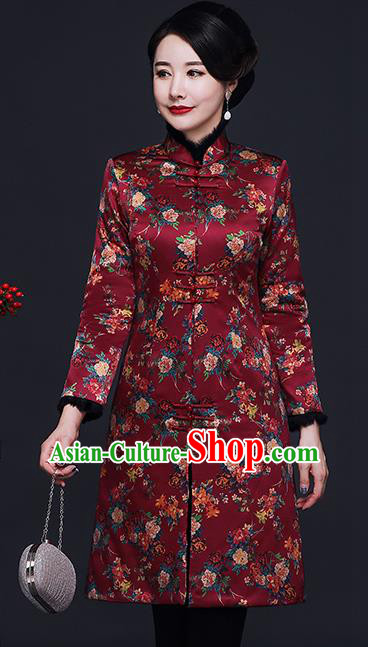Traditional Chinese Purplish Red Silk Cheongsam Cotton Padded Coat Mother Tang Suit Stand Collar Overcoat for Women