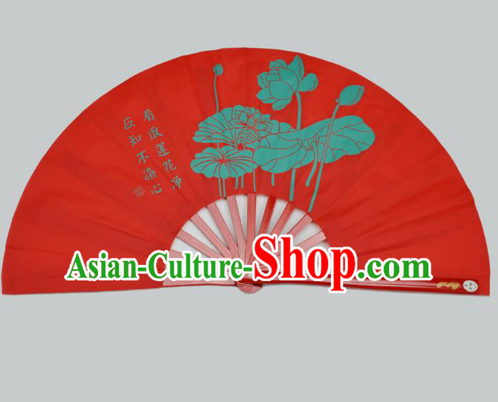 Chinese Handmade Printing Lotus Red Kung Fu Fans Accordion Fan Traditional Decoration Folding Fan