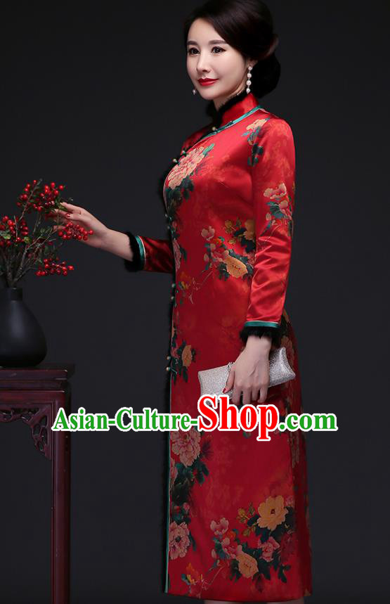Traditional Chinese Red Silk Winter Cheongsam Mother Tang Suit Qipao Dress for Women