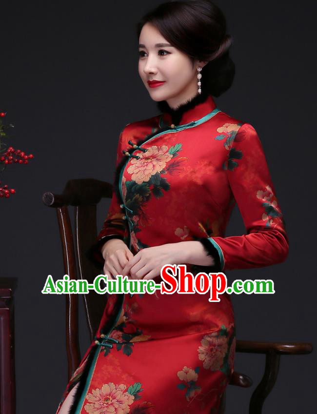 Traditional Chinese Red Silk Winter Cheongsam Mother Tang Suit Qipao Dress for Women