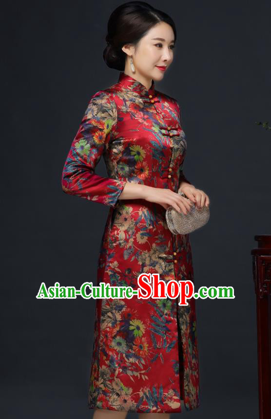 Traditional Chinese Printing Red Silk Winter Cheongsam Mother Tang Suit Qipao Dress for Women