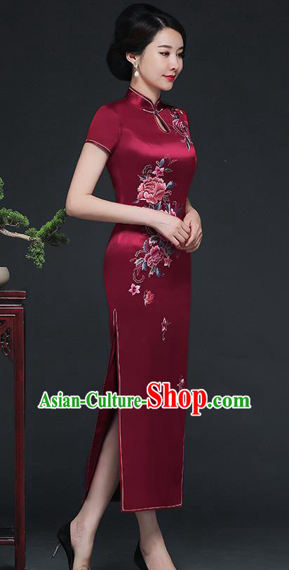 Traditional Chinese Embroidered Peony Wine Red Silk Cheongsam Mother Tang Suit Qipao Dress for Women