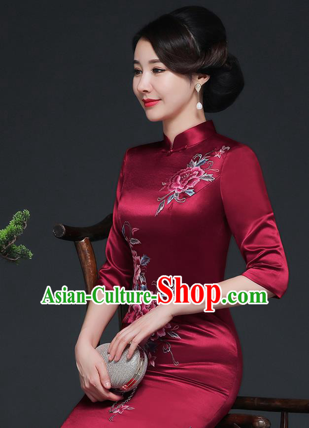 Traditional Chinese Embroidered Peony Purplish Red Silk Short Cheongsam Mother Tang Suit Qipao Dress for Women