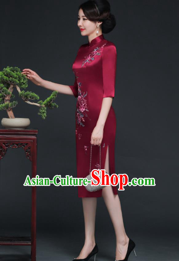 Traditional Chinese Embroidered Peony Purplish Red Silk Short Cheongsam Mother Tang Suit Qipao Dress for Women