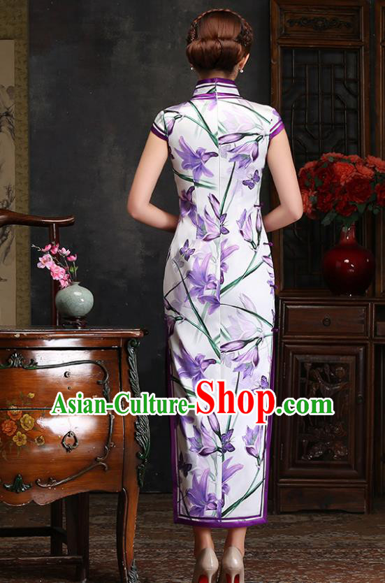 Traditional Chinese Printing Purple Flowers Silk Cheongsam Mother Tang Suit Qipao Dress for Women