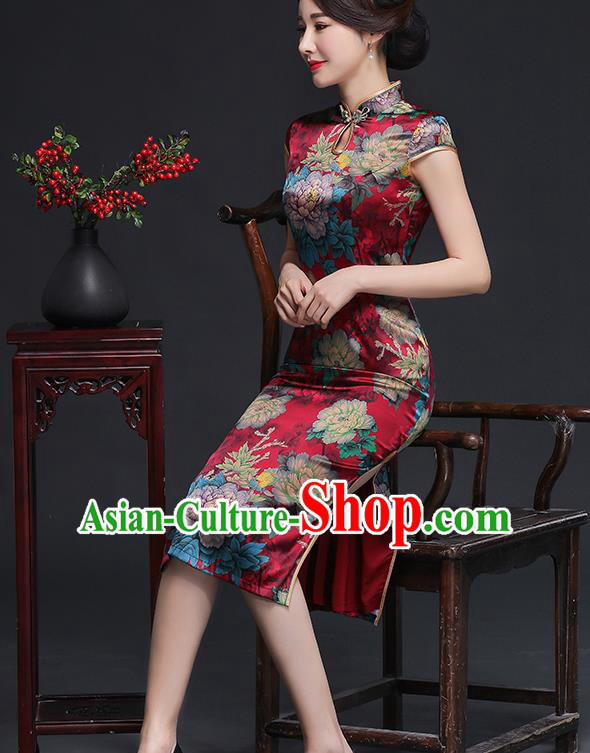 Traditional Chinese Printing Peony Red Silk Cheongsam Mother Tang Suit Qipao Dress for Women