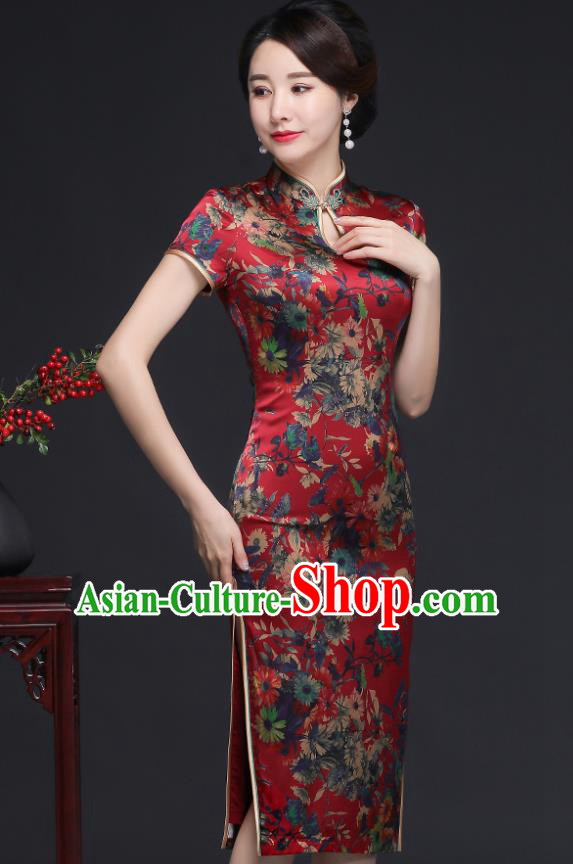 Traditional Chinese Printing Daisy Red Silk Cheongsam Mother Tang Suit Qipao Dress for Women