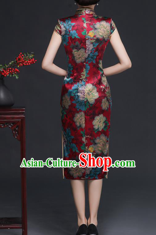 Traditional Chinese Printing Peony Red Silk Cheongsam Mother Tang Suit Qipao Dress for Women