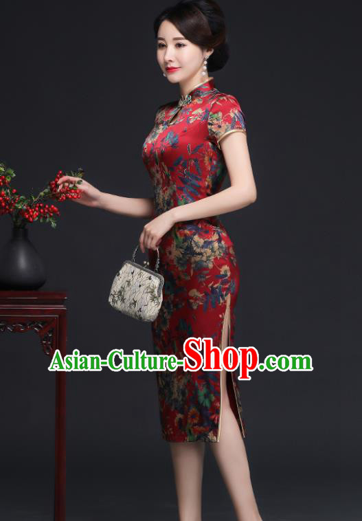 Traditional Chinese Printing Daisy Red Silk Cheongsam Mother Tang Suit Qipao Dress for Women